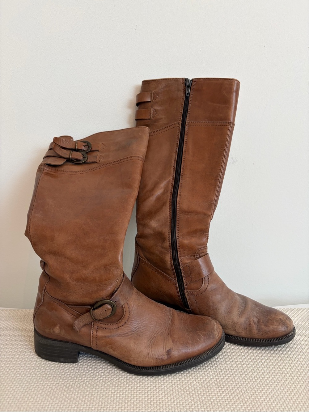 Aldo Cognac Brown Leather Knee-High Buckle Boots